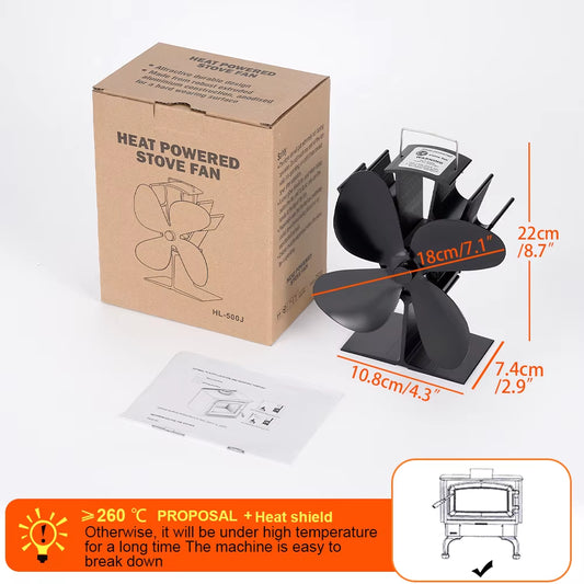 4 Blades Heat Powered Stove Fan Log Wood Burner Eco Quiet Hot Fireplace Fan Home Warm Heating Efficient Heat Distribution